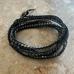 Black Agate and Hematite Bead and Leather Multi-wrap Bracelet